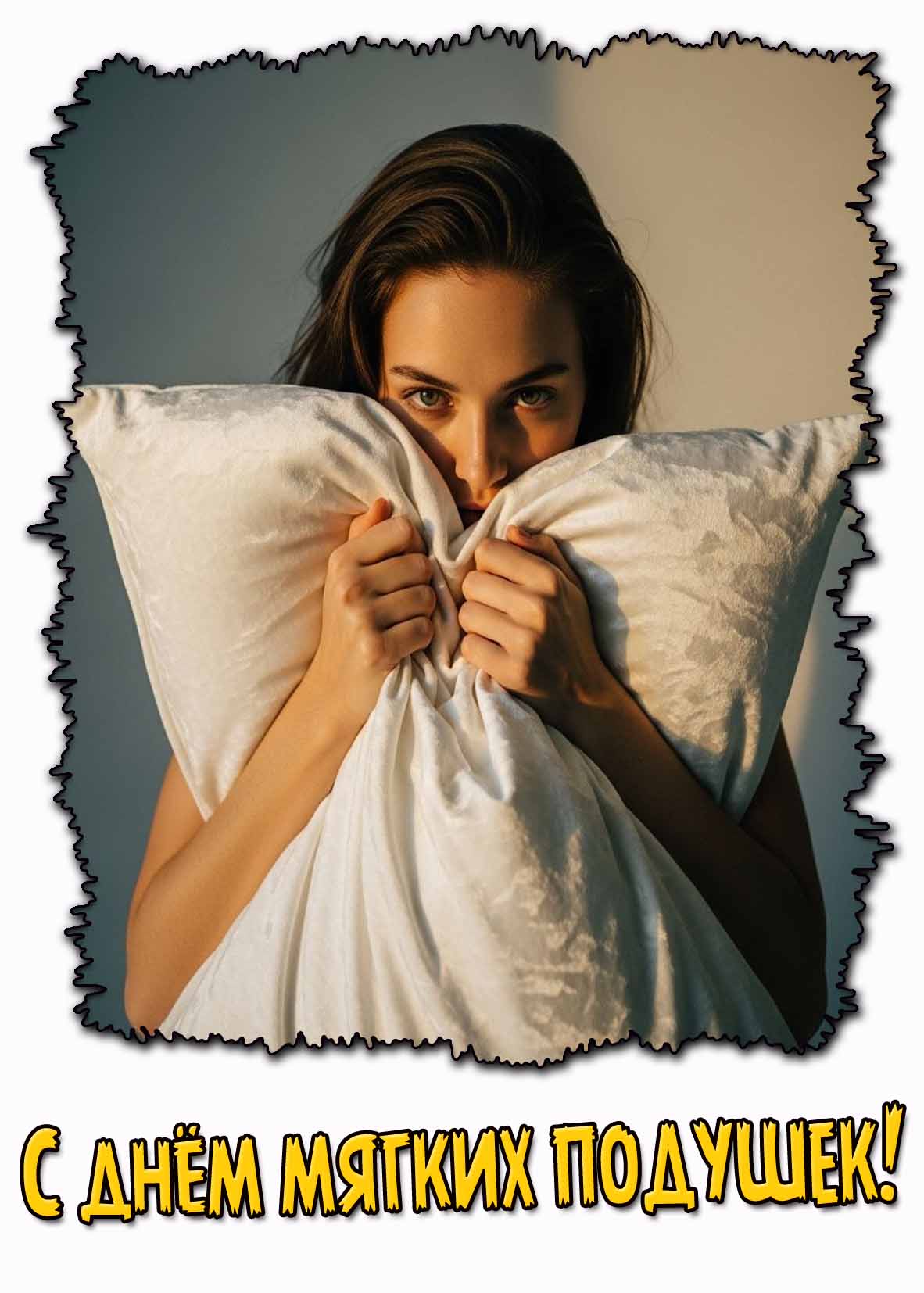 С днём мягких подушек! - открытка с красивой девушкой