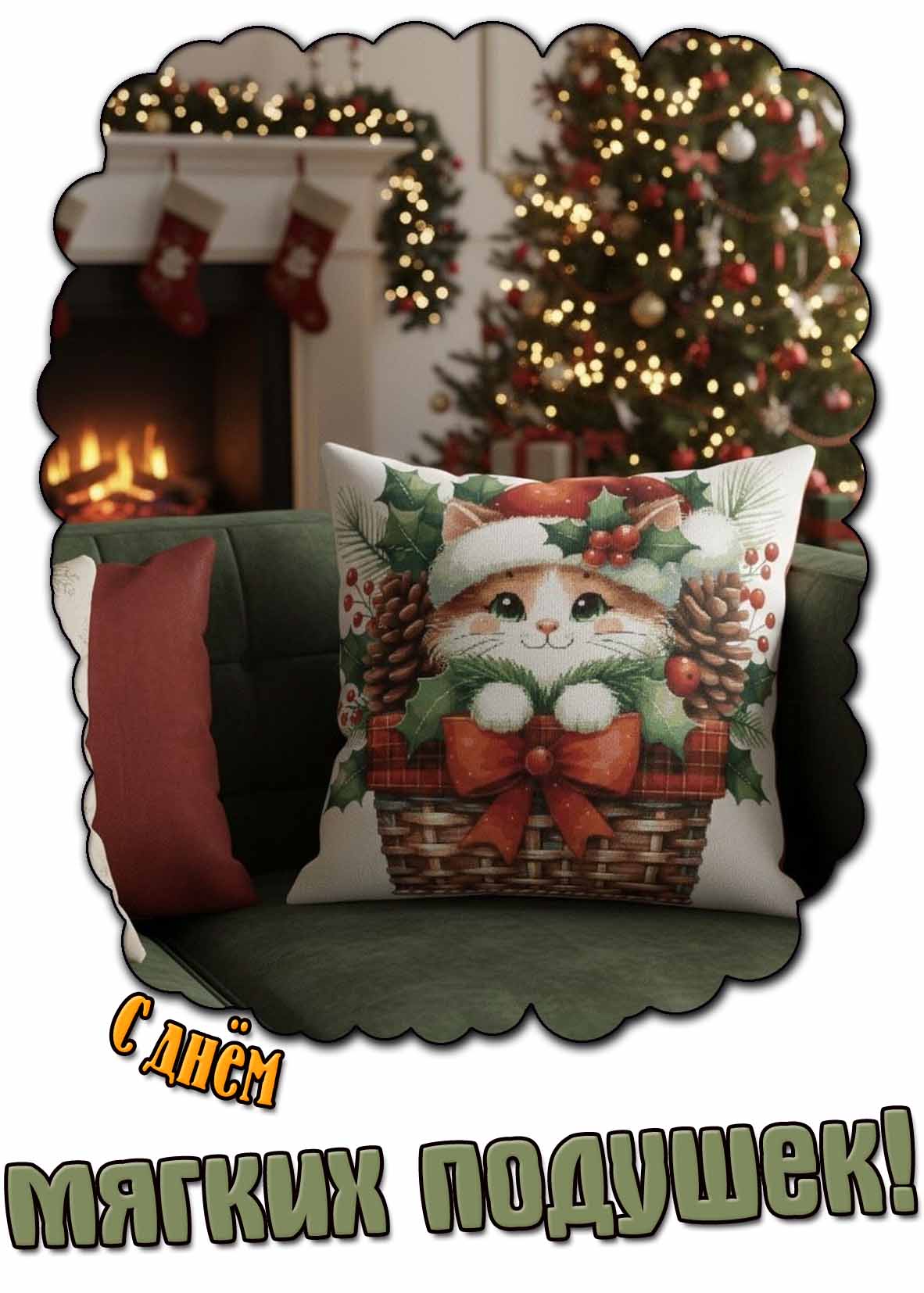 Новогодняя открытка с днём мягких подушек