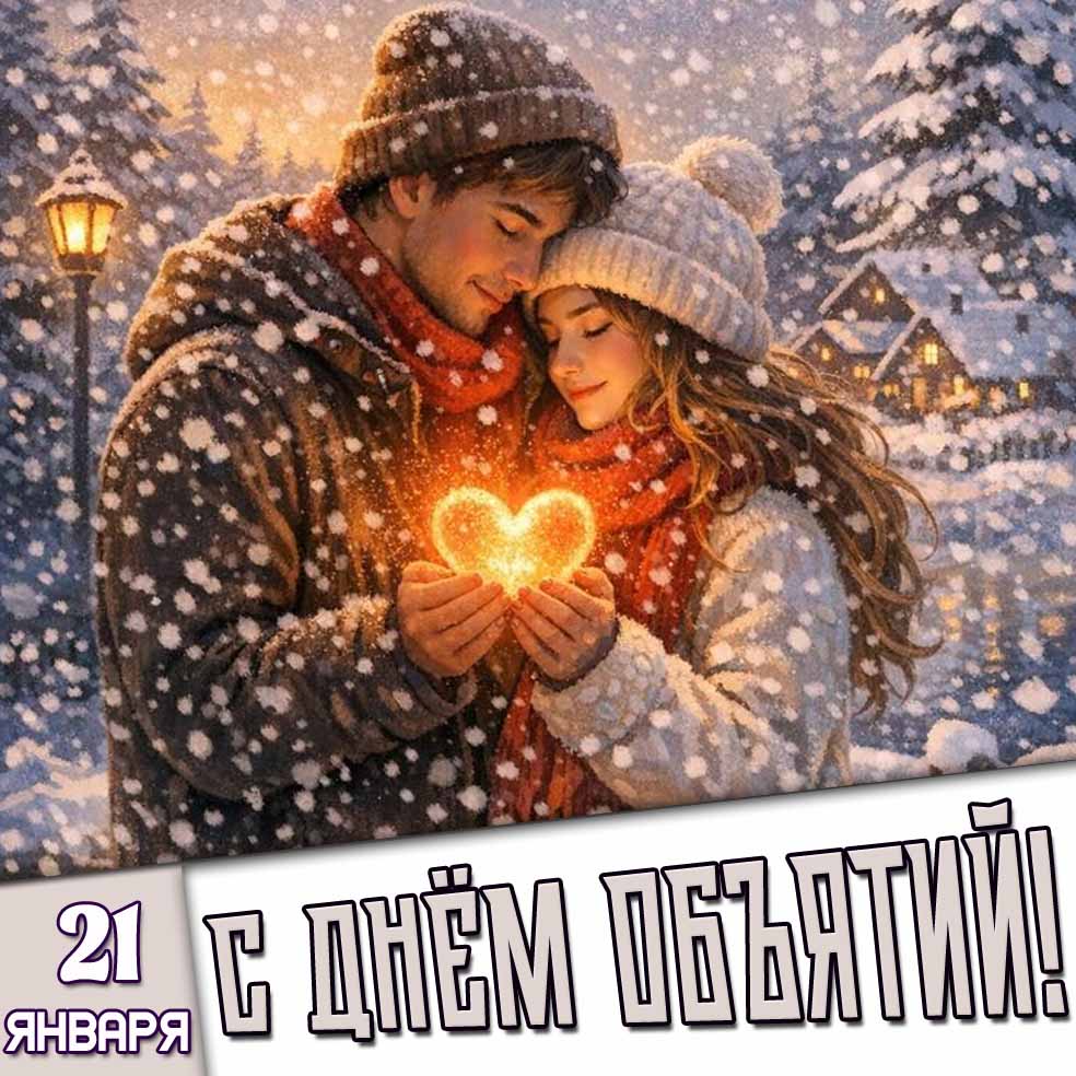 Романтическая зимняя открытка "21 января - с днём объятий!"