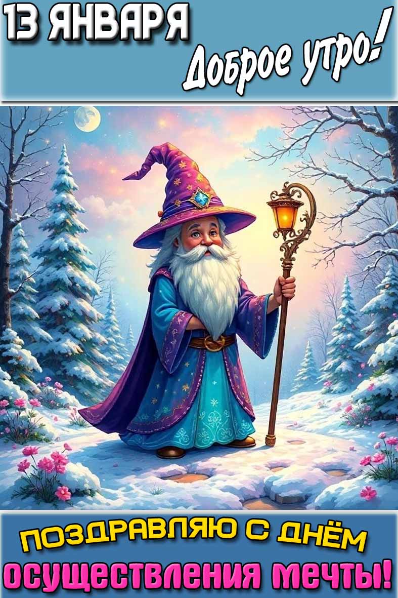 Открытка "13 января доброе утро! Поздравляю с днём осуществления мечты!"