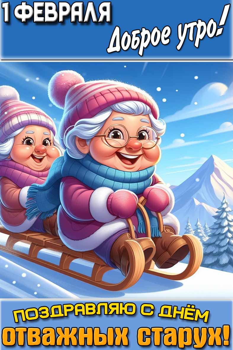 Открытка "1 февраля доброе утро! Поздравляю с днём отважных старух!"