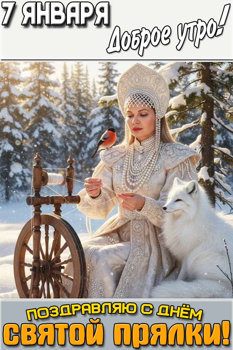 Открытка "7 января доброе утро! Поздравляю с днём святой прялки!"