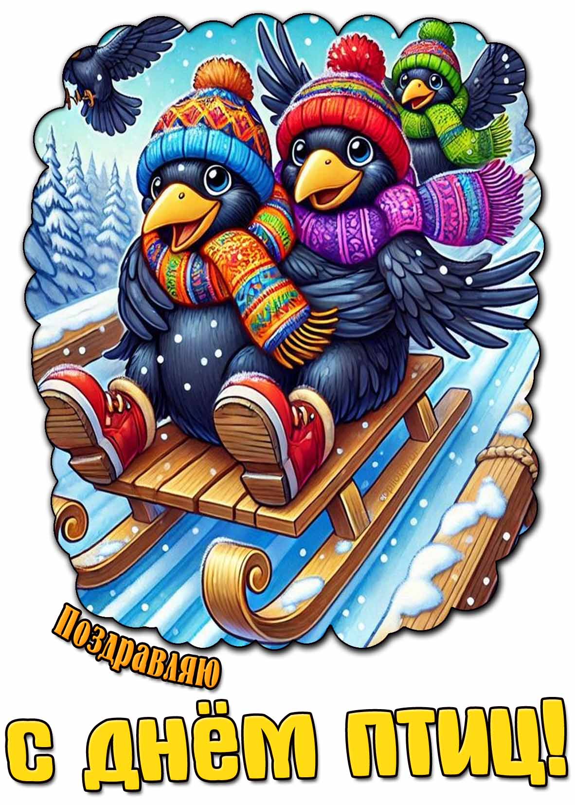 Смешная зимняя открытка "Поздравляю с днём птиц!"