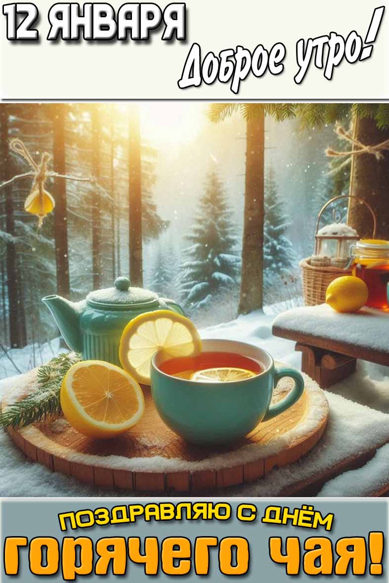 Открытка "12 января доброе утро! Поздравляю с днём горячего чая!"