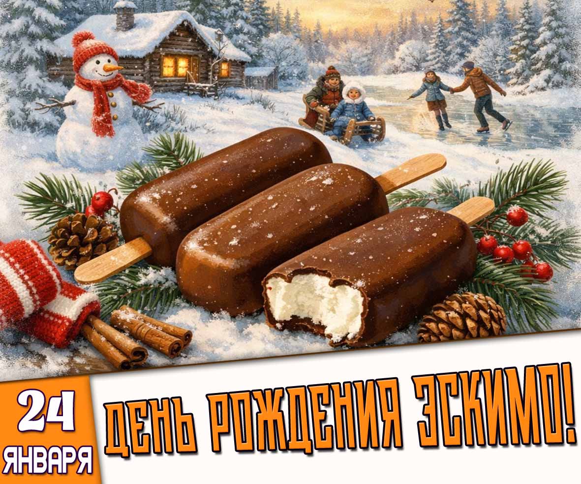 Красивая зимняя картинка с мороженым на праздник 24 января - день рождения эскимо! Картинка 24 января - день рождения эскимо!
