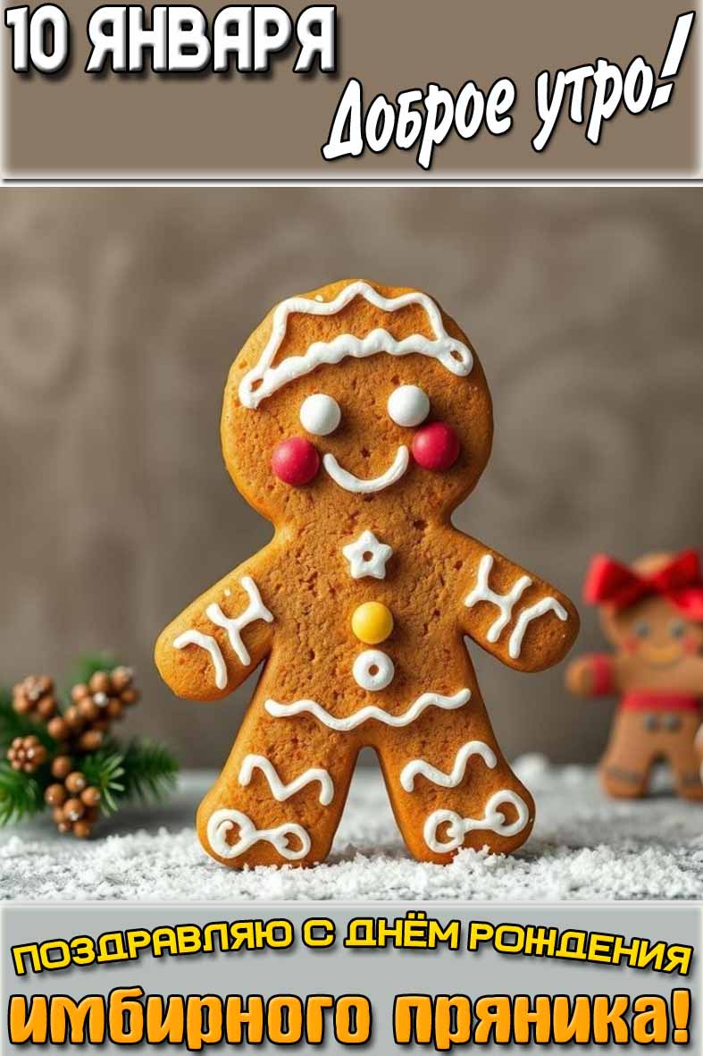 Открытка "10 января доброе утро! Поздравляю с днём рождения имбирного пряника!"