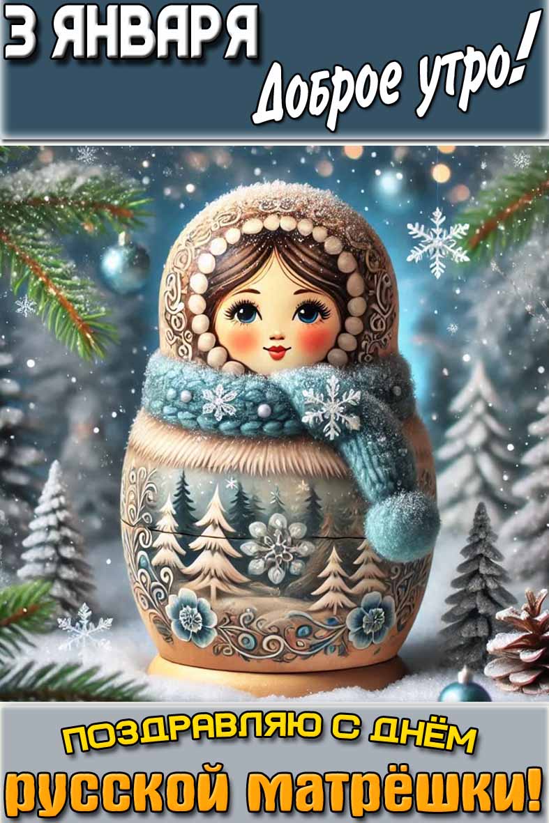 Открытка "3 января доброе утро! Поздравляю с днём русской матрёшки!"