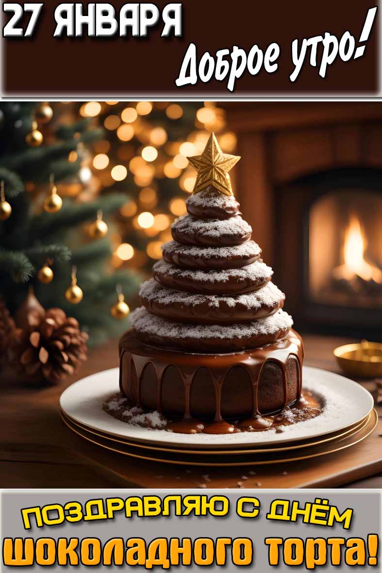 Открытка "27 января доброе утро! Поздравляю с днём шоколадного торта!"