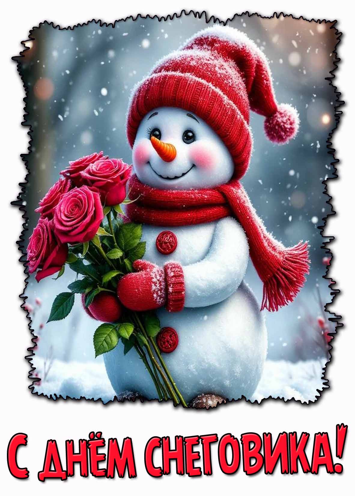 С днём снеговика! - зимняя открытка с розами