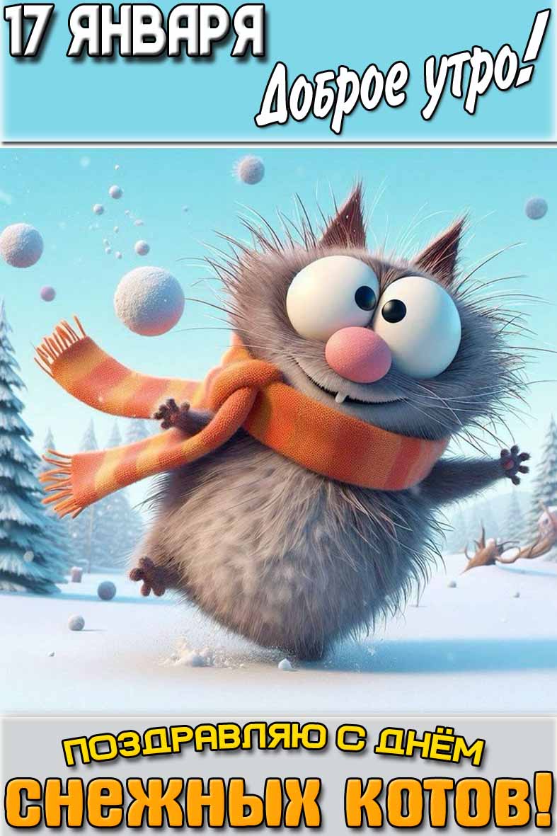 Прикольная открытка "17 января доброе утро! Поздравляю с днём снежных котов!"