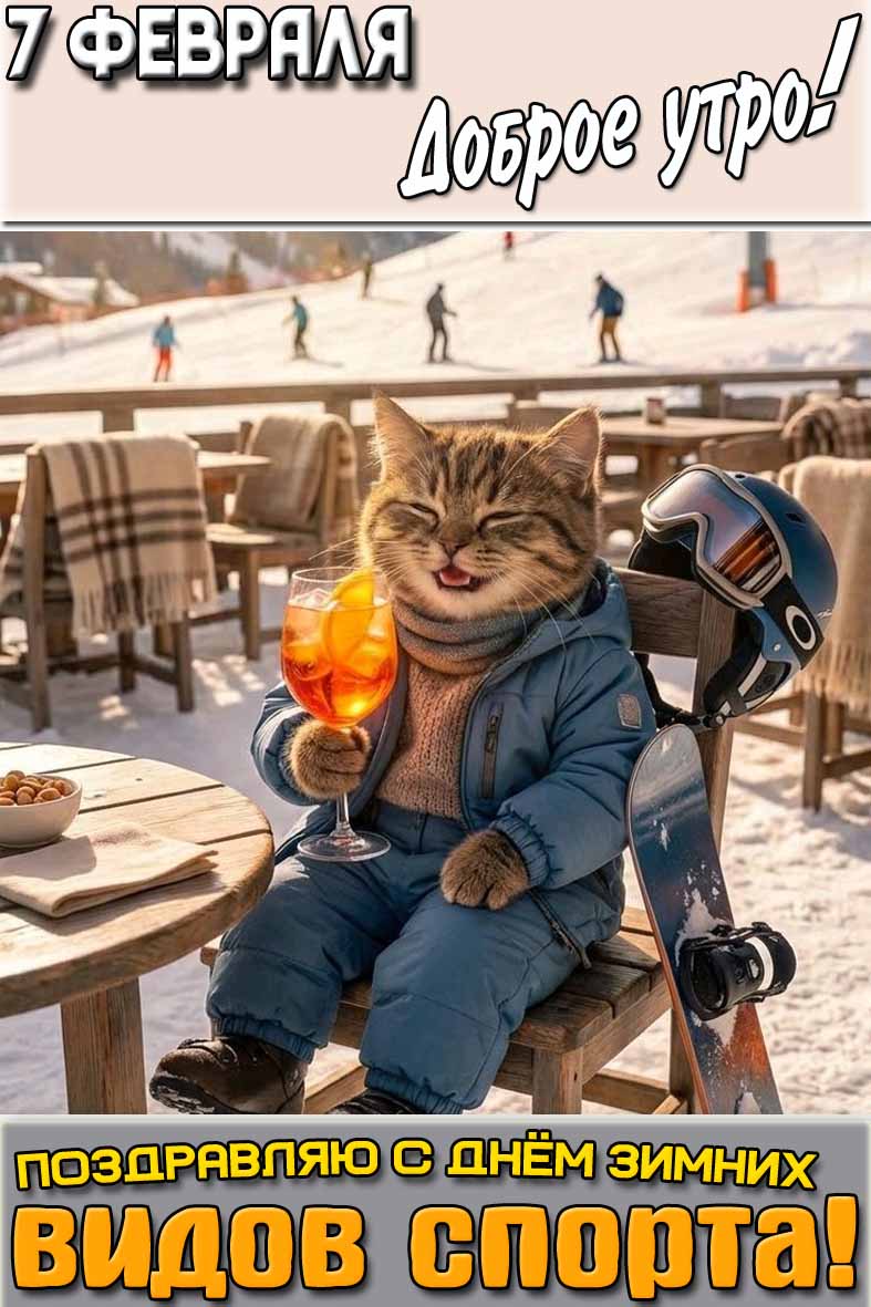 Прикольная открытка "7 февраля доброе утро! Поздравляю с днём зимних видов спорта!"