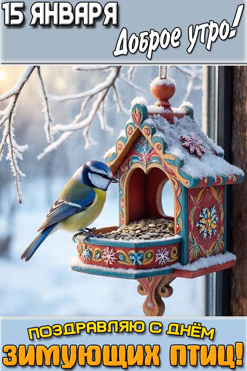 Открытка "15 января доброе утро! Поздравляю с днём зимующих птиц!"