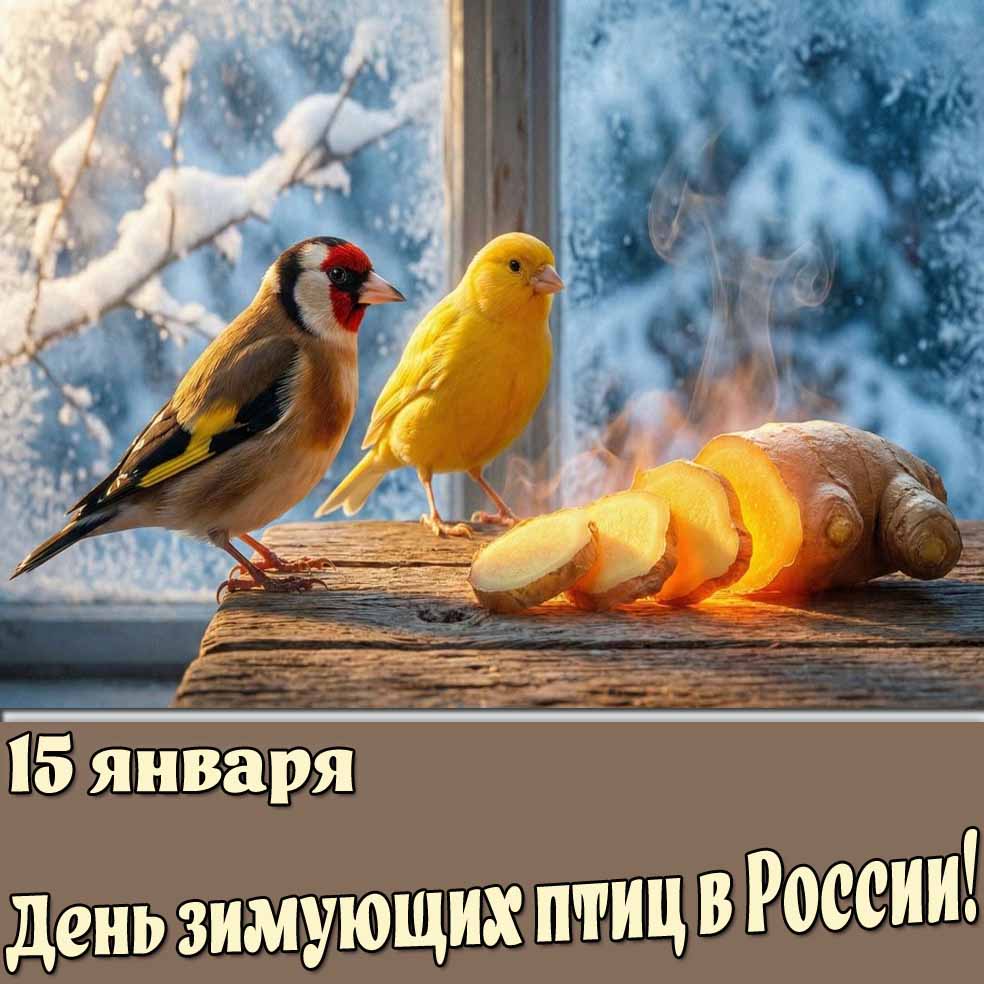 Открытка 15 января - день зимующих птиц в России!
