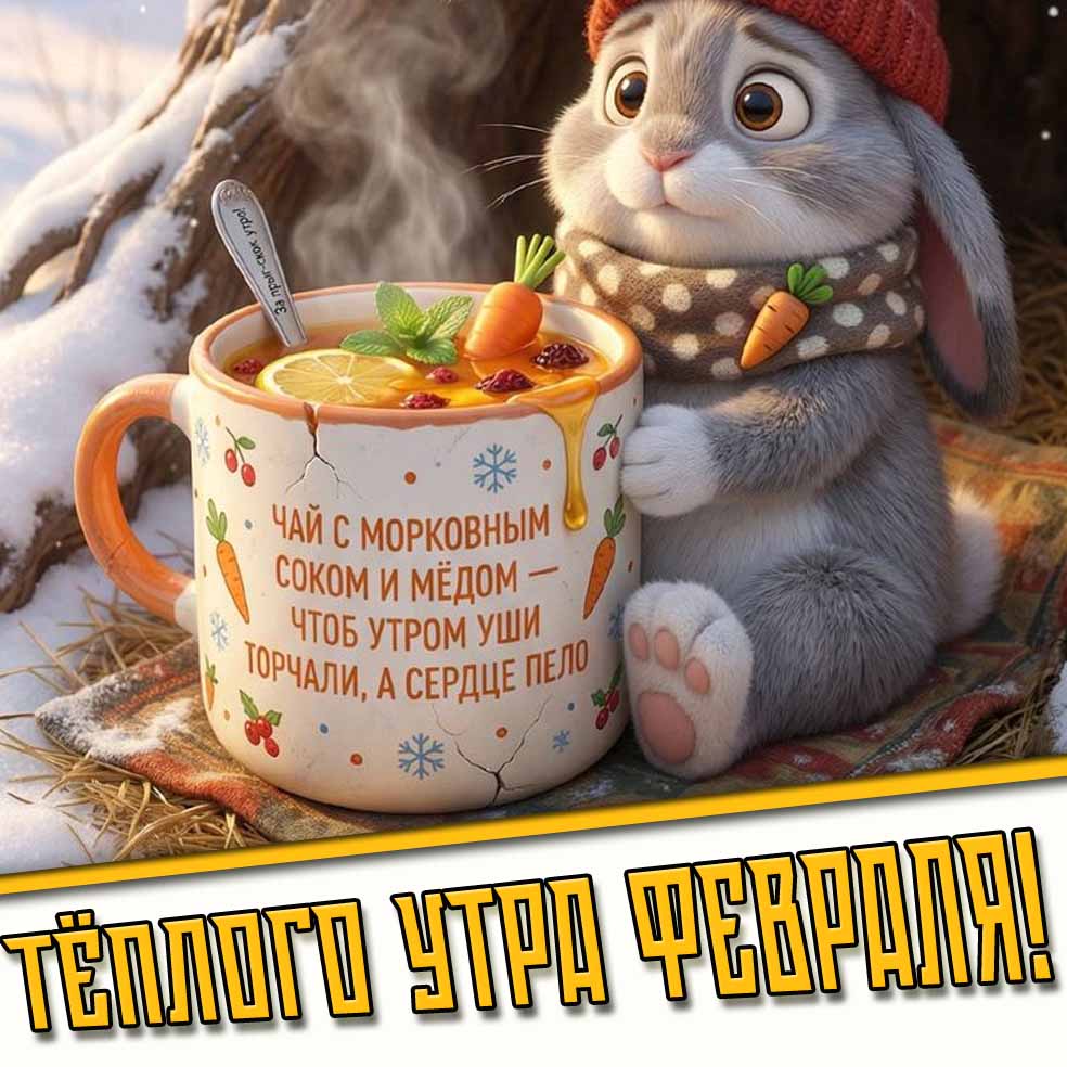 Картинка "Тёплого утра февраля! Чай с морковным соком и мёдом, чтоб утром уши торчали, а сердце пело!"