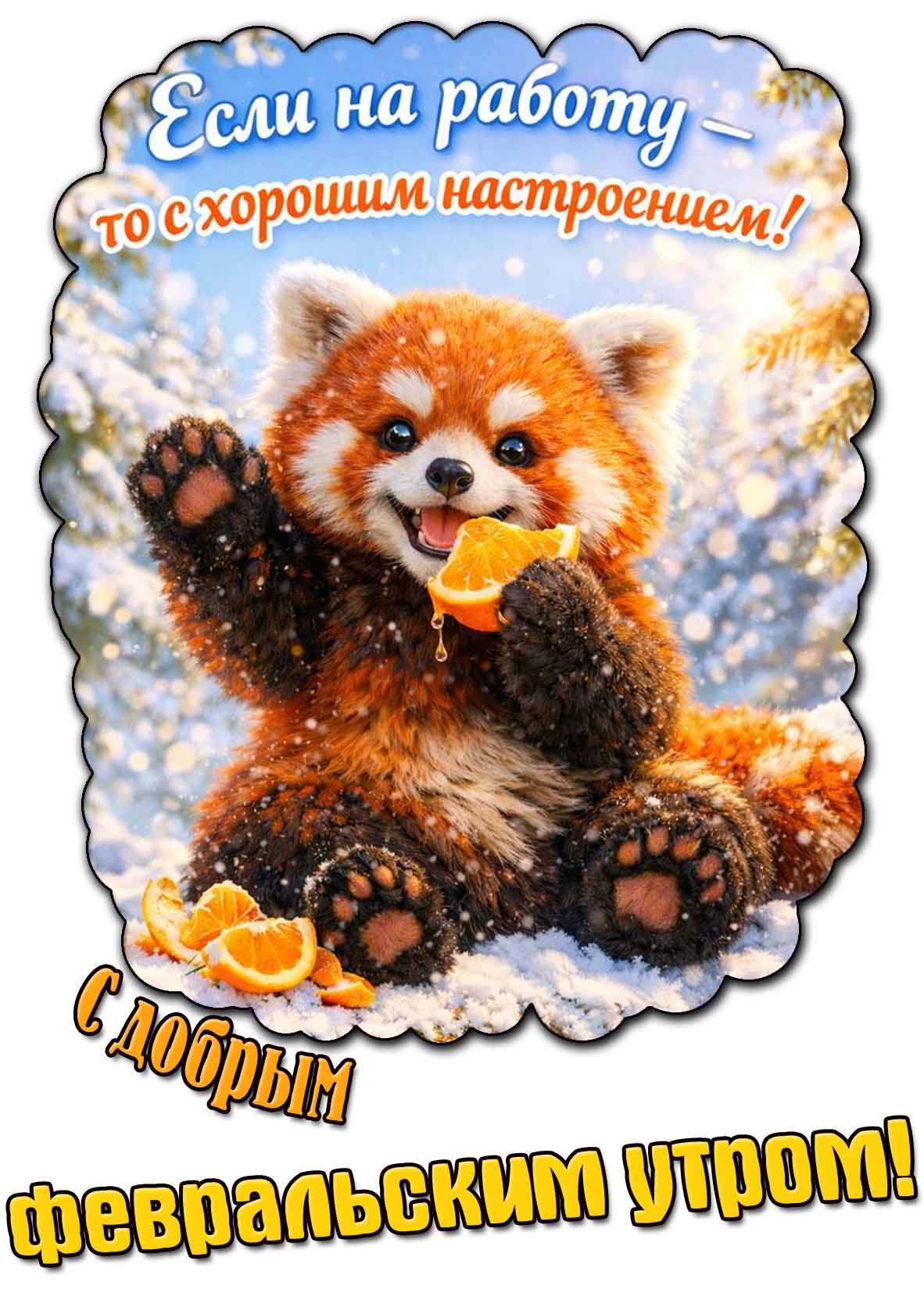 Прикольная открытка "С добрым февральским утром! Если на работу - то с хорошим настроением!"