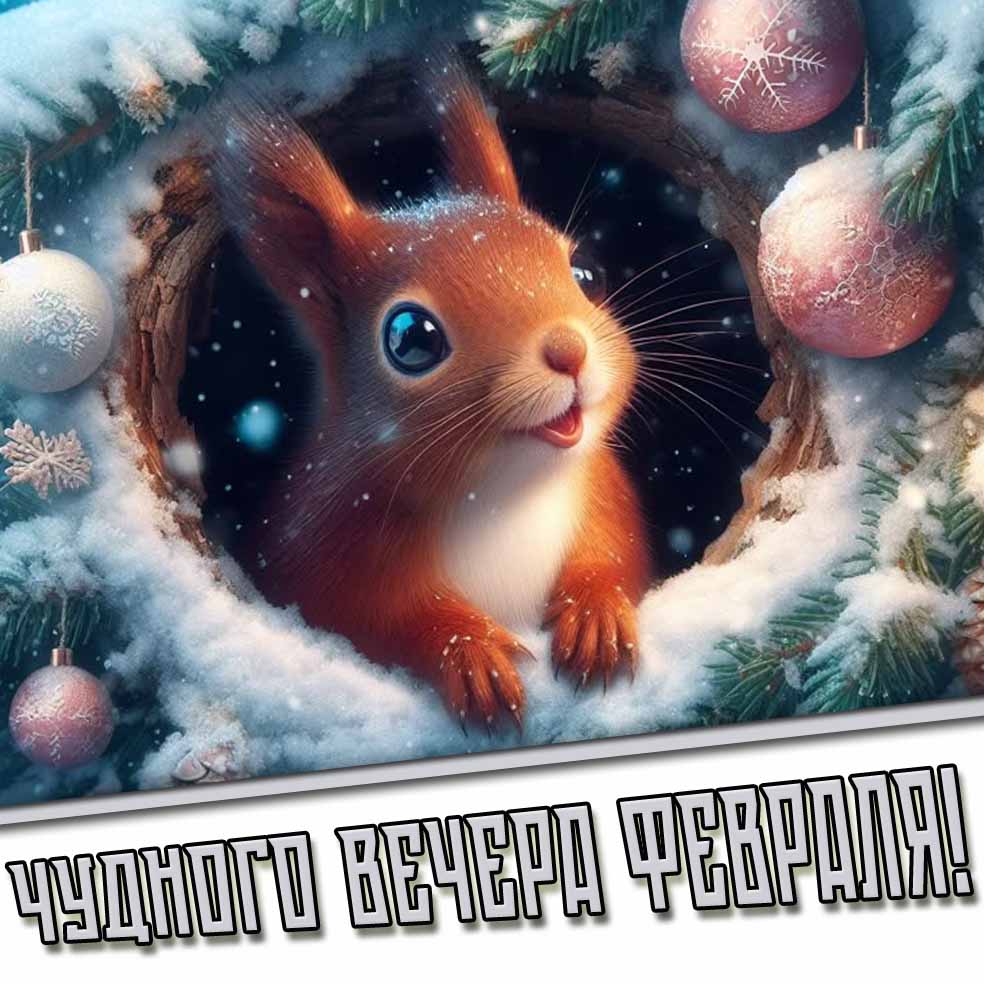 Чудного вечера февраля! - зимняя картинка с белкой