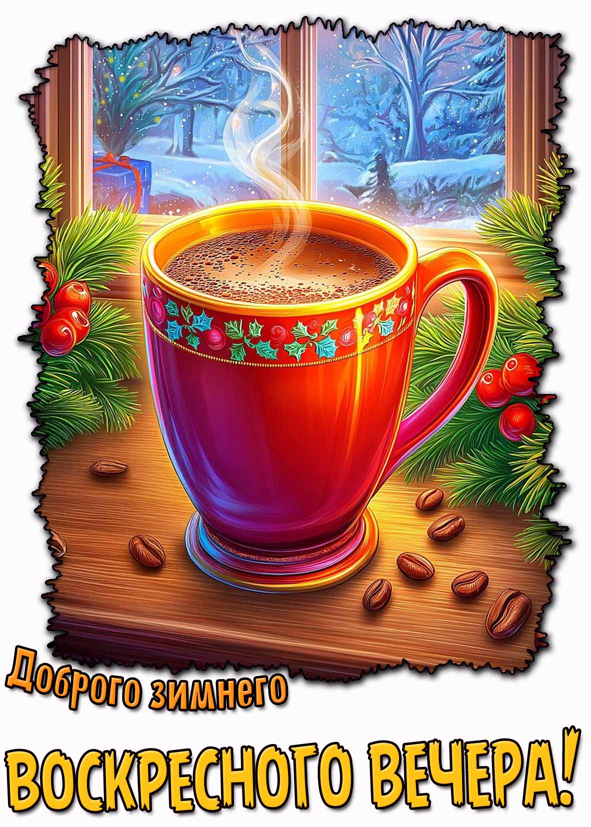 Доброго зимнего воскресного вечера! - открытка с кофе