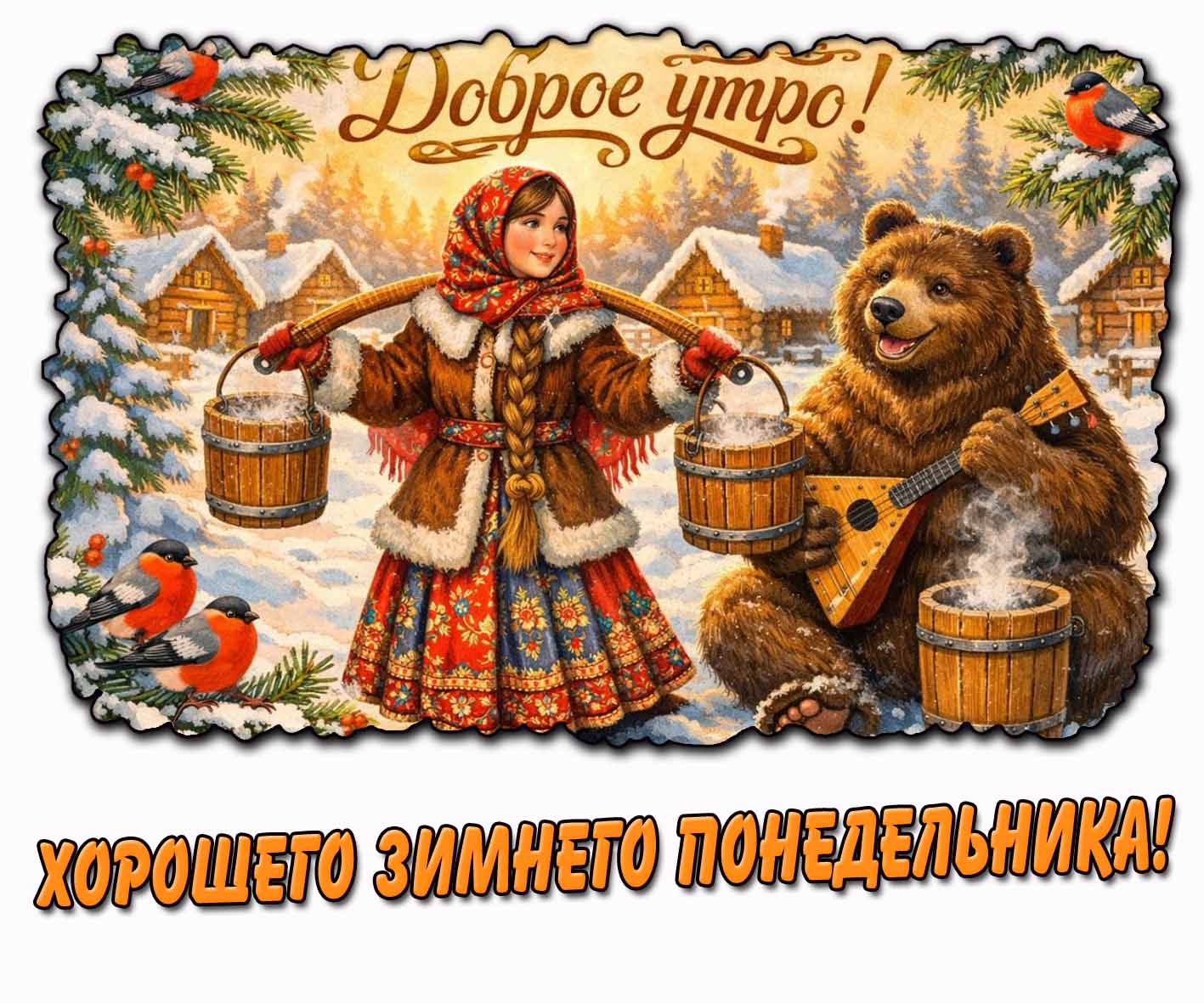 Красивая открытка "Доброе утро! Хорошего зимнего понедельника!"