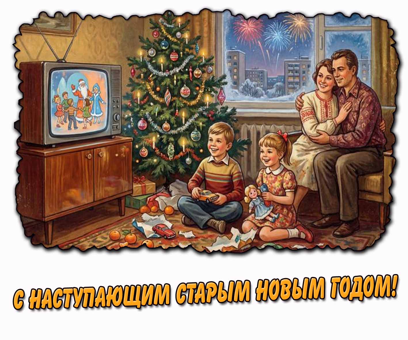 С наступающим Старым Новым годом! - Советская семейная открытка