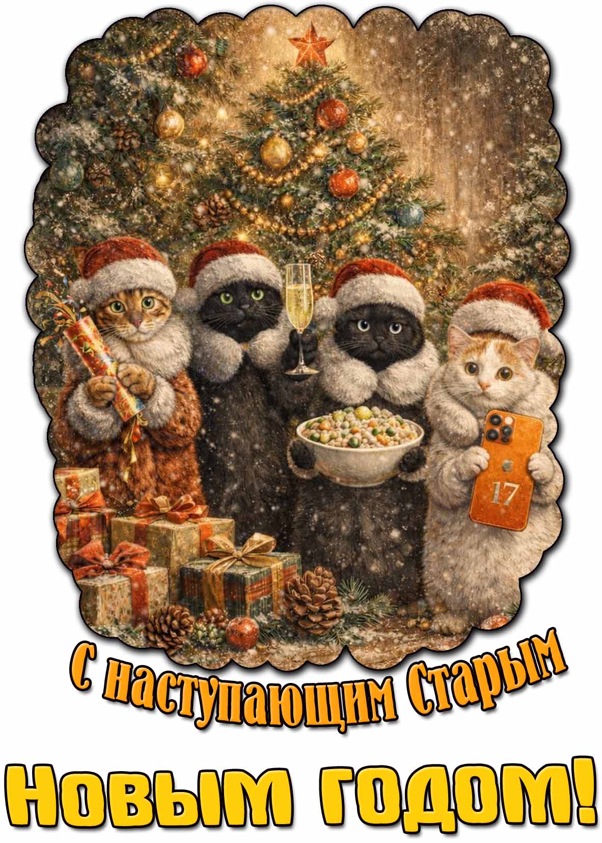 С наступающим Старым Новым годом! - прикольная открытка с котами