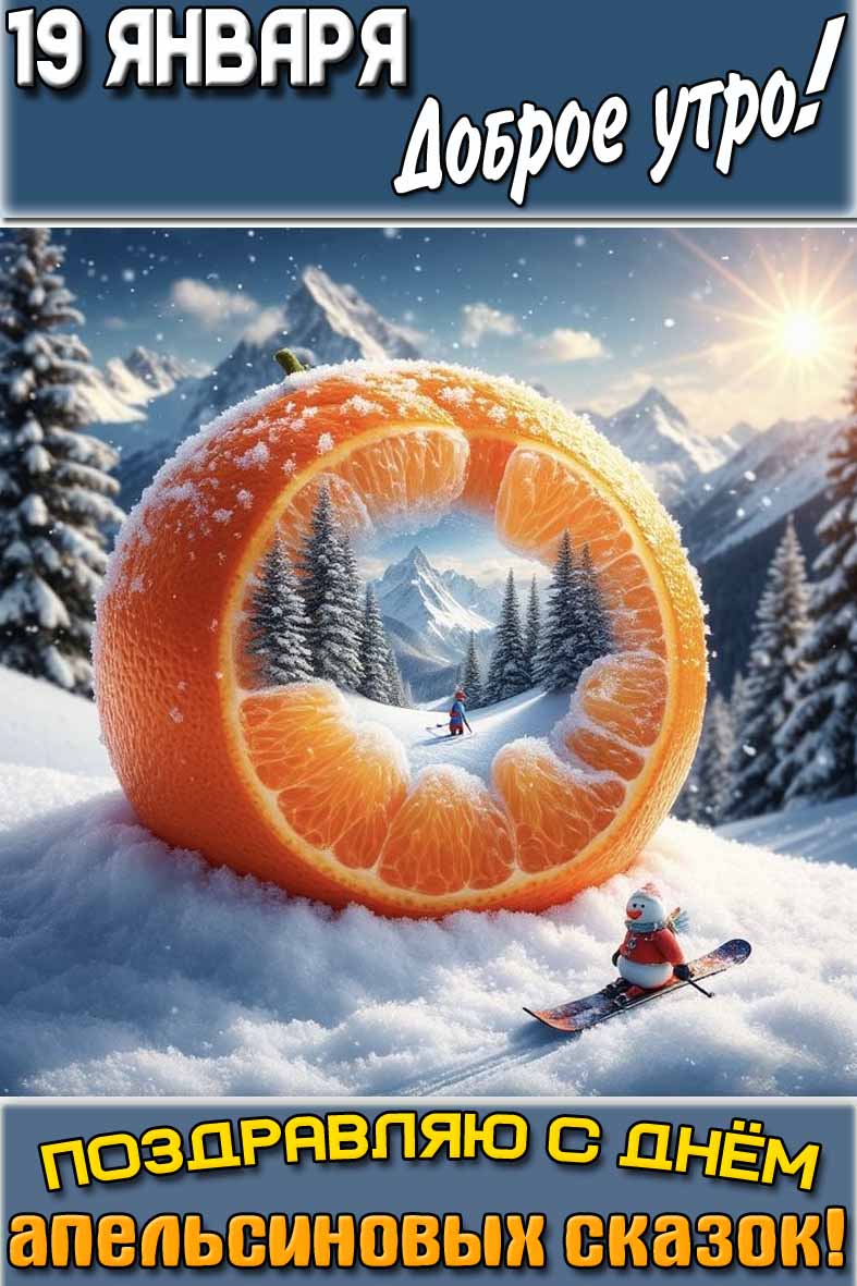 Открытка "19 января доброе утро! Поздравляю с днём апельсиновых сказок!"