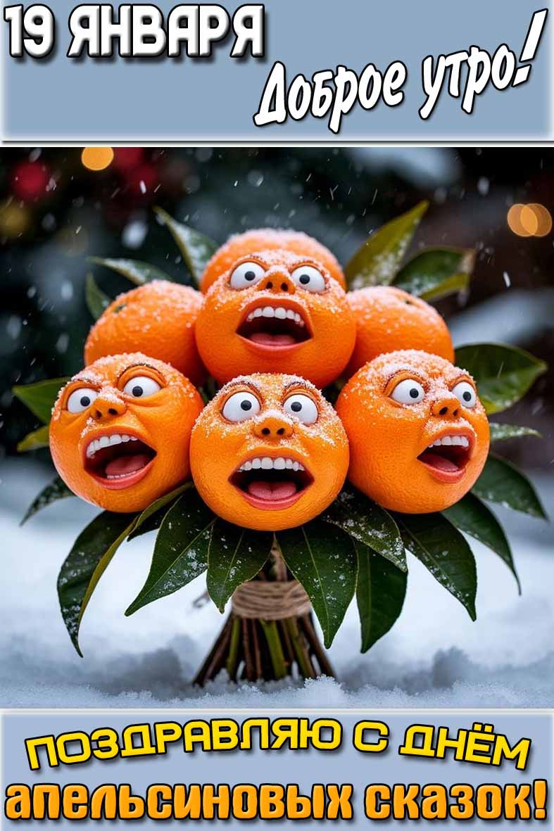 Прикольная картинка "19 января доброе утро! Поздравляю с днём апельсиновых сказок!"