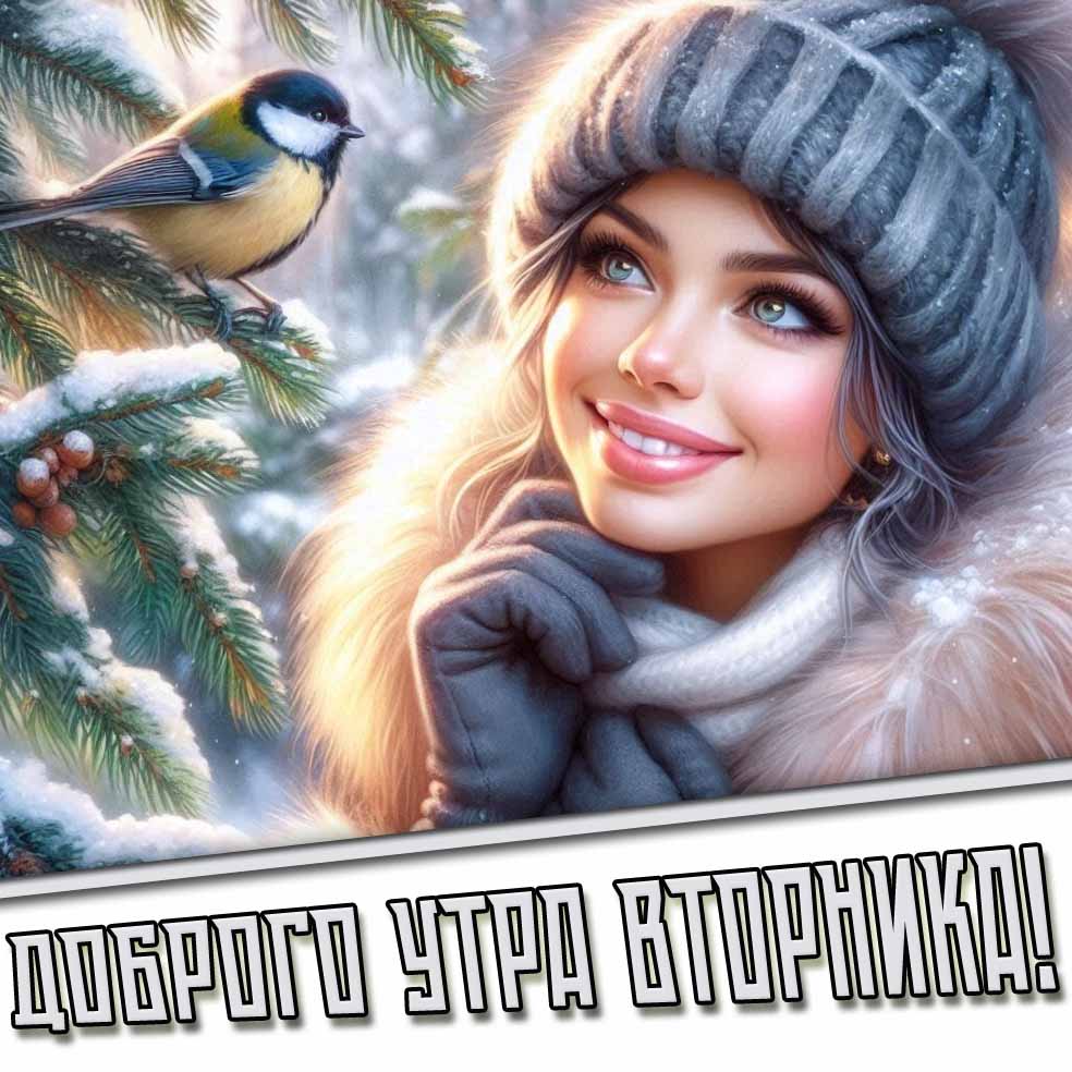 Доброго утра вторника! - зимняя открытка с девушкой