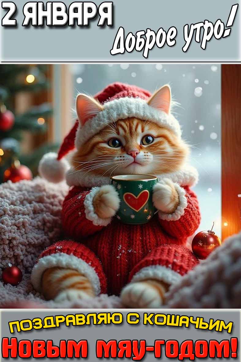 Открытка "2 января доброе утро! Поздравляю с кошачьим Новым мяу-годом!"