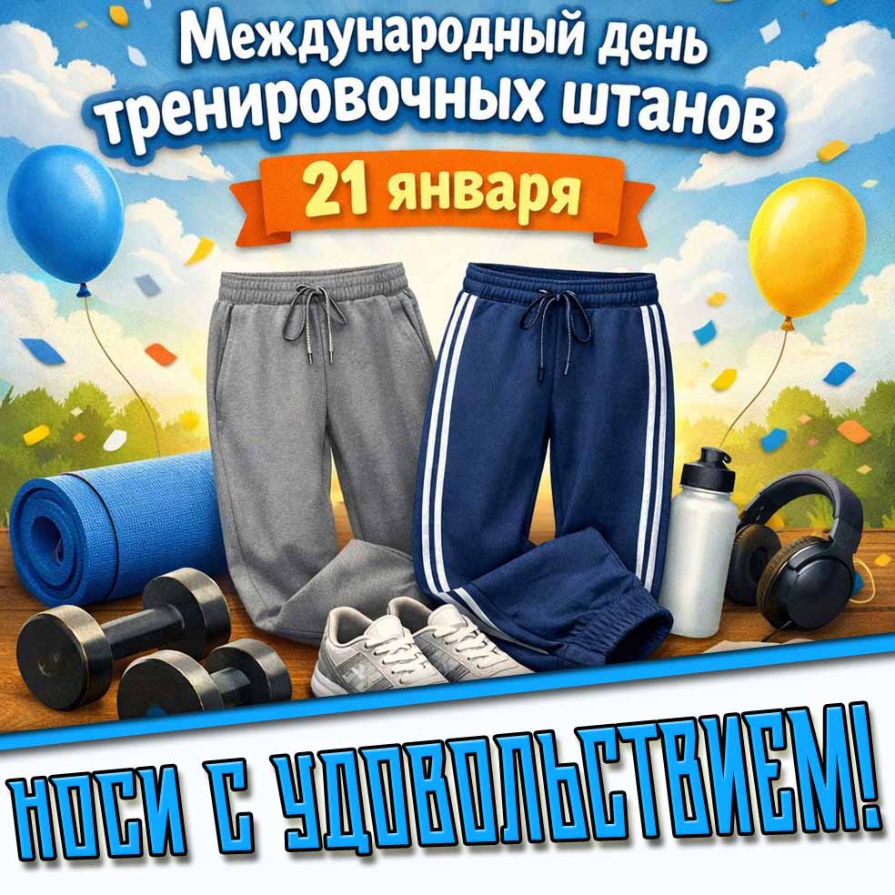 Открытка "Международный день тренировочных штанов! Носи с удовольствием!" - 21 января