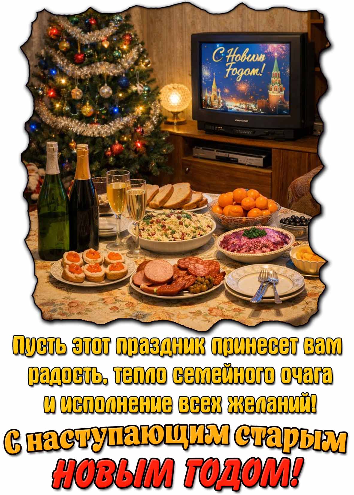Красивая ретро картинка в Советском стиле с праздничном столом, ёлкой, телевизором и добрыми пожелания для поздравления с наступающим старым новым годом! Картинка - поздравление с наступающим старым новым годом