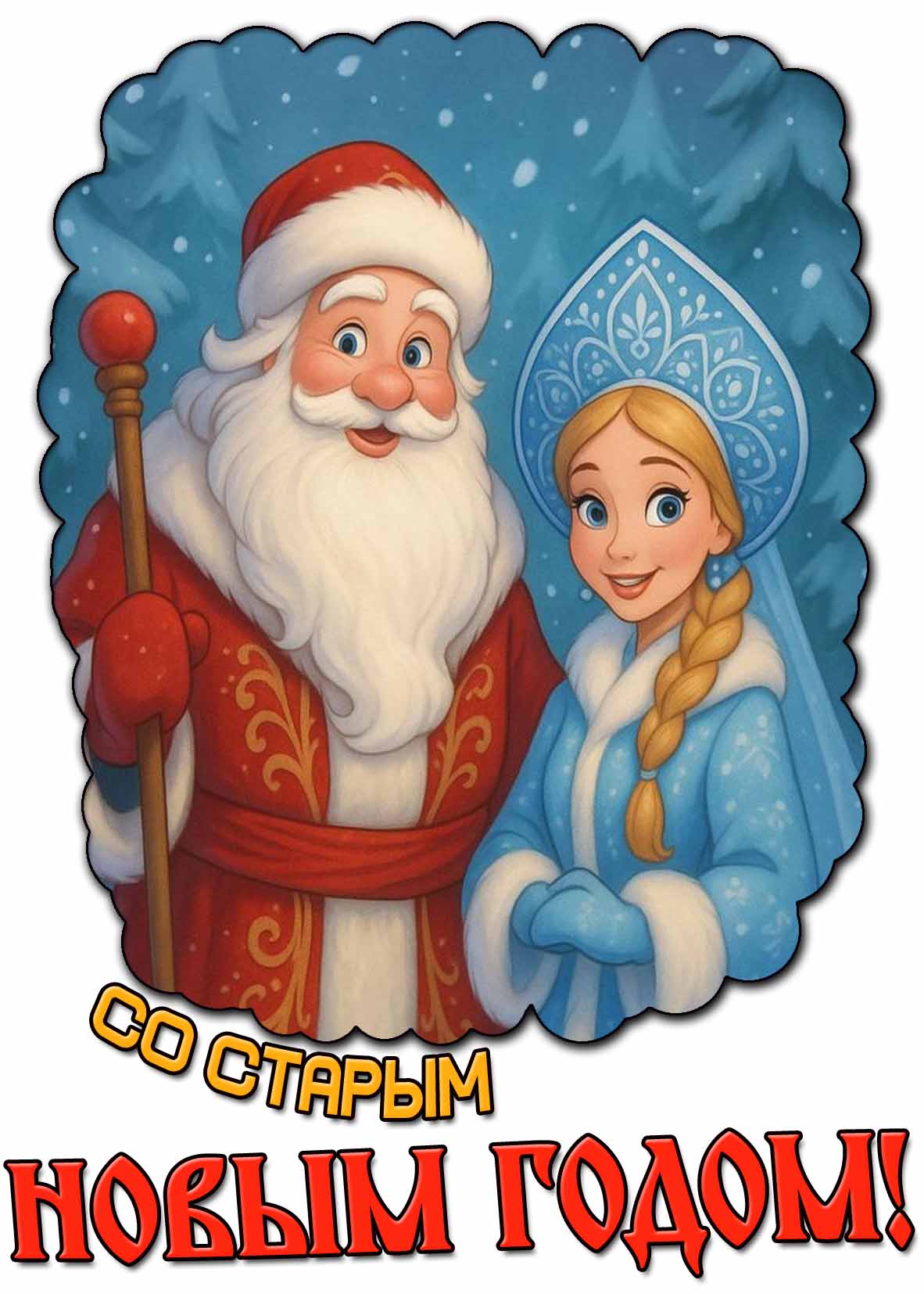 Красивая картинка с Дедом Морозом и Снегурочкой на Старый Новый год