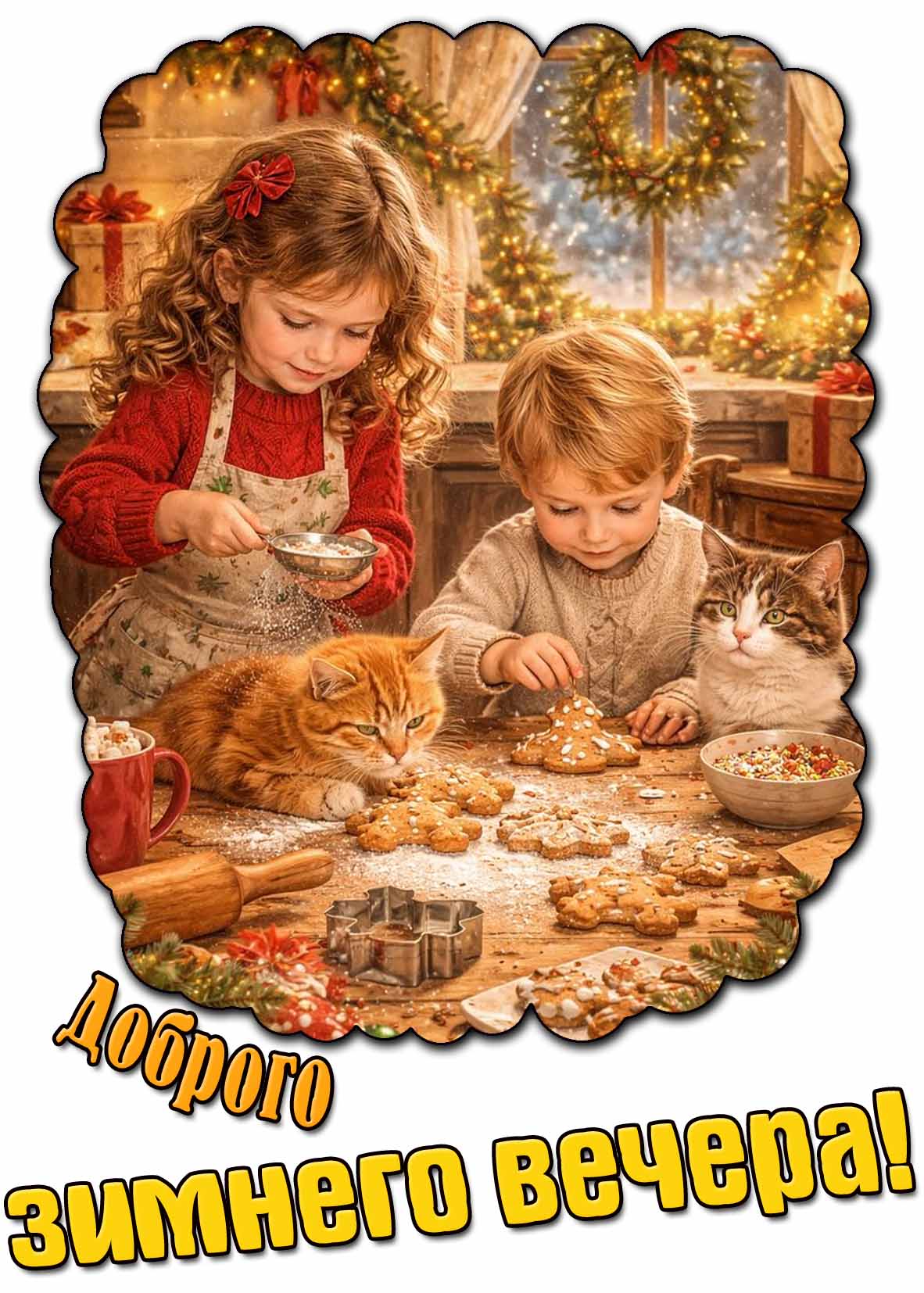 Красивая открытка с детьми для пожелания "Доброго зимнего вечера!"