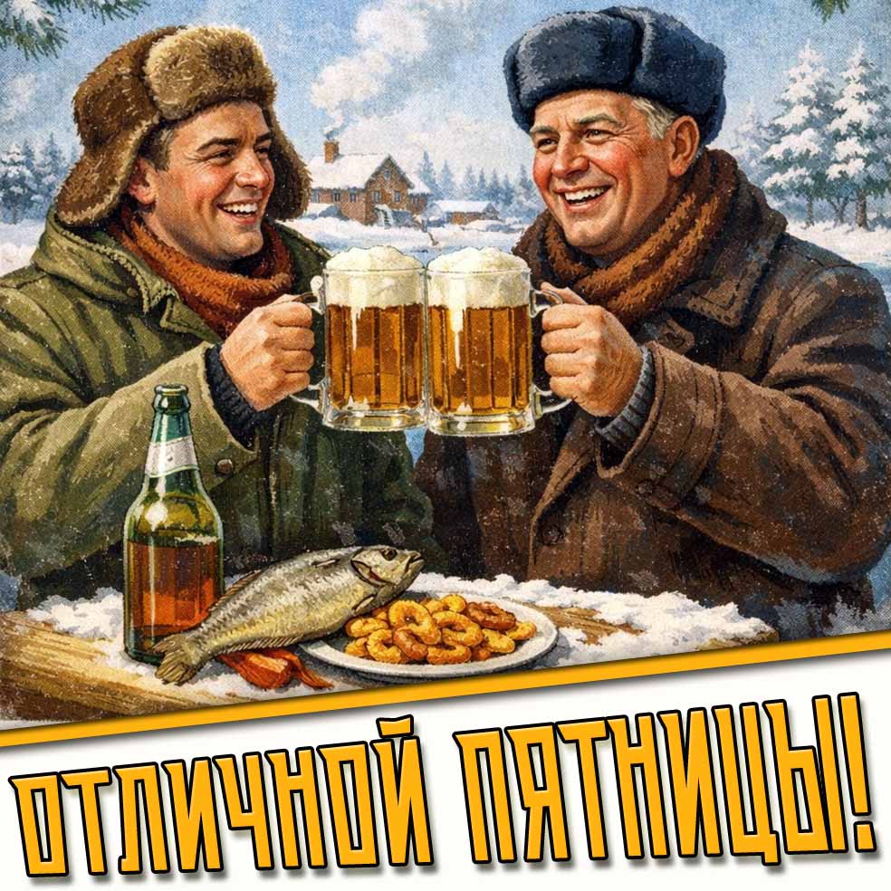 Отличной пятницы! - зимняя открытка с пивом