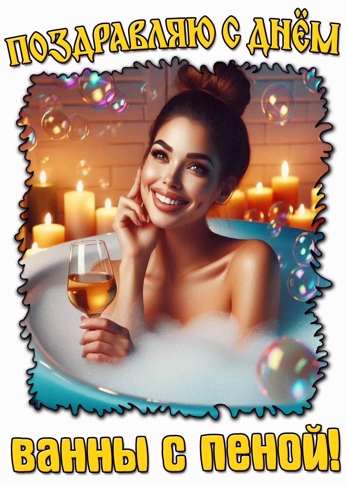 Поздравляю с днём ванны с пеной! - открытка с девушкой