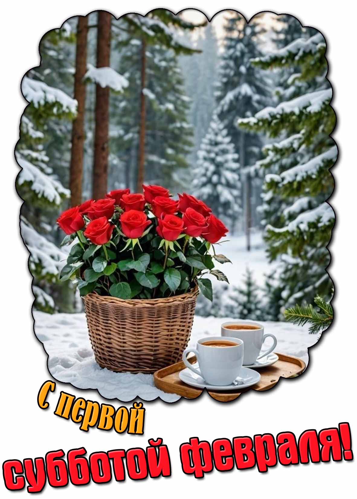 С первой субботой февраля! - открытка с кофе и розами