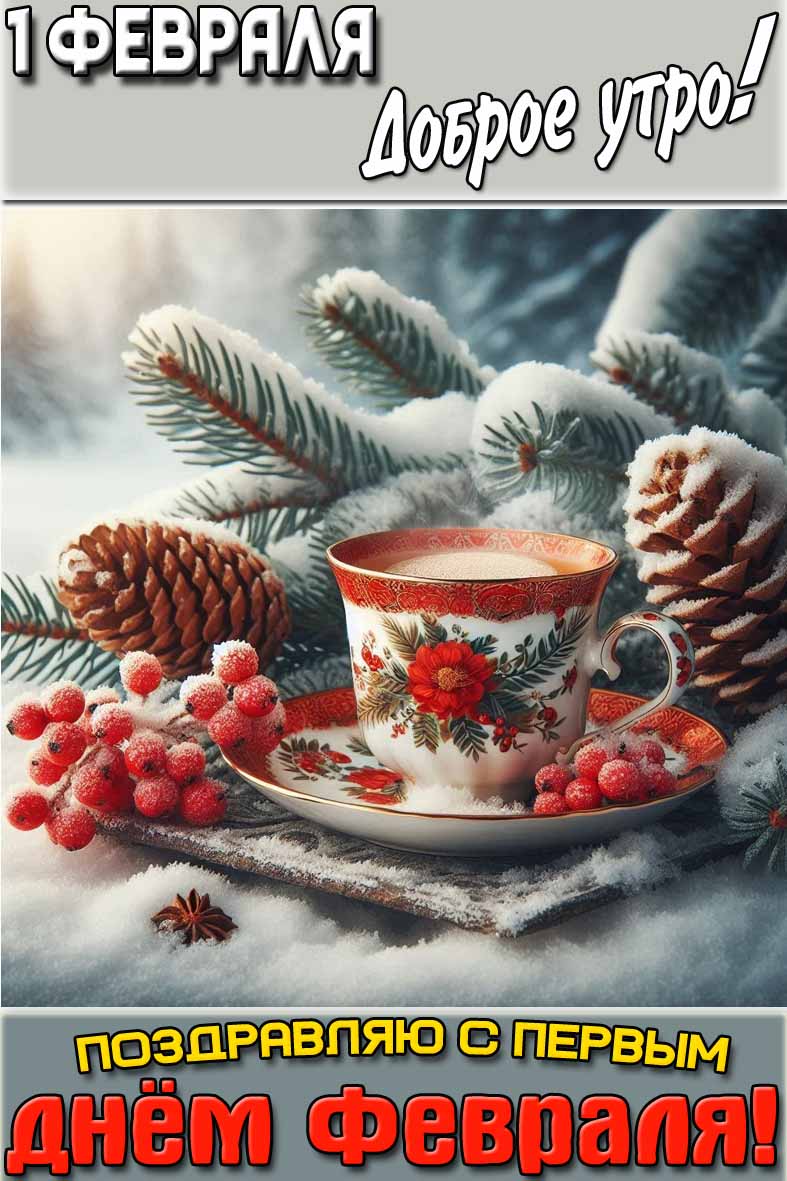 Открытка "1 Февраля доброе утро! Поздравляю с первым днём февраля!"