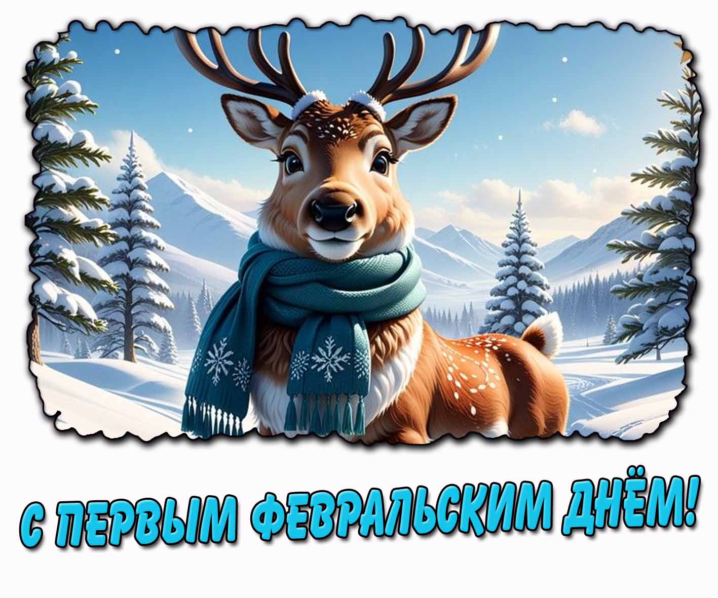С первым февральским днём! - открытка с оленем