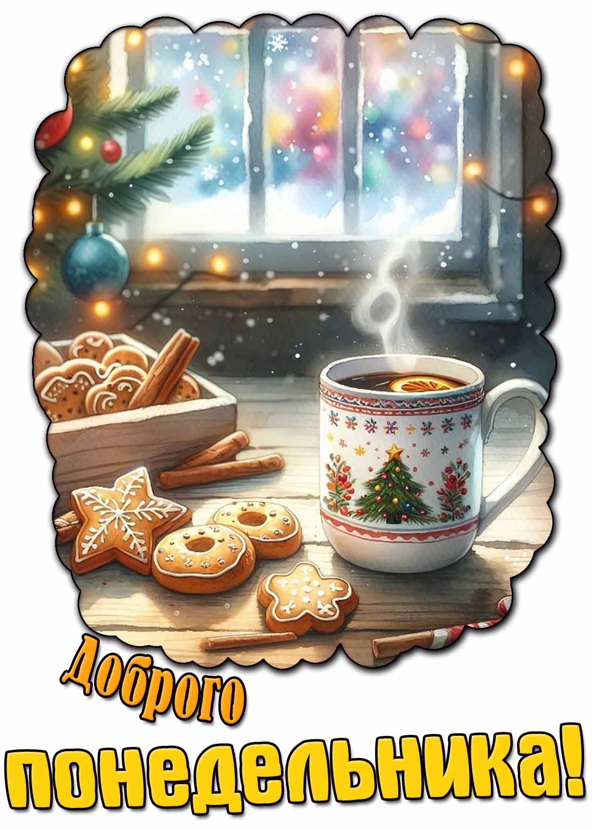Доброго понедельника! - зимняя открытка с чаем