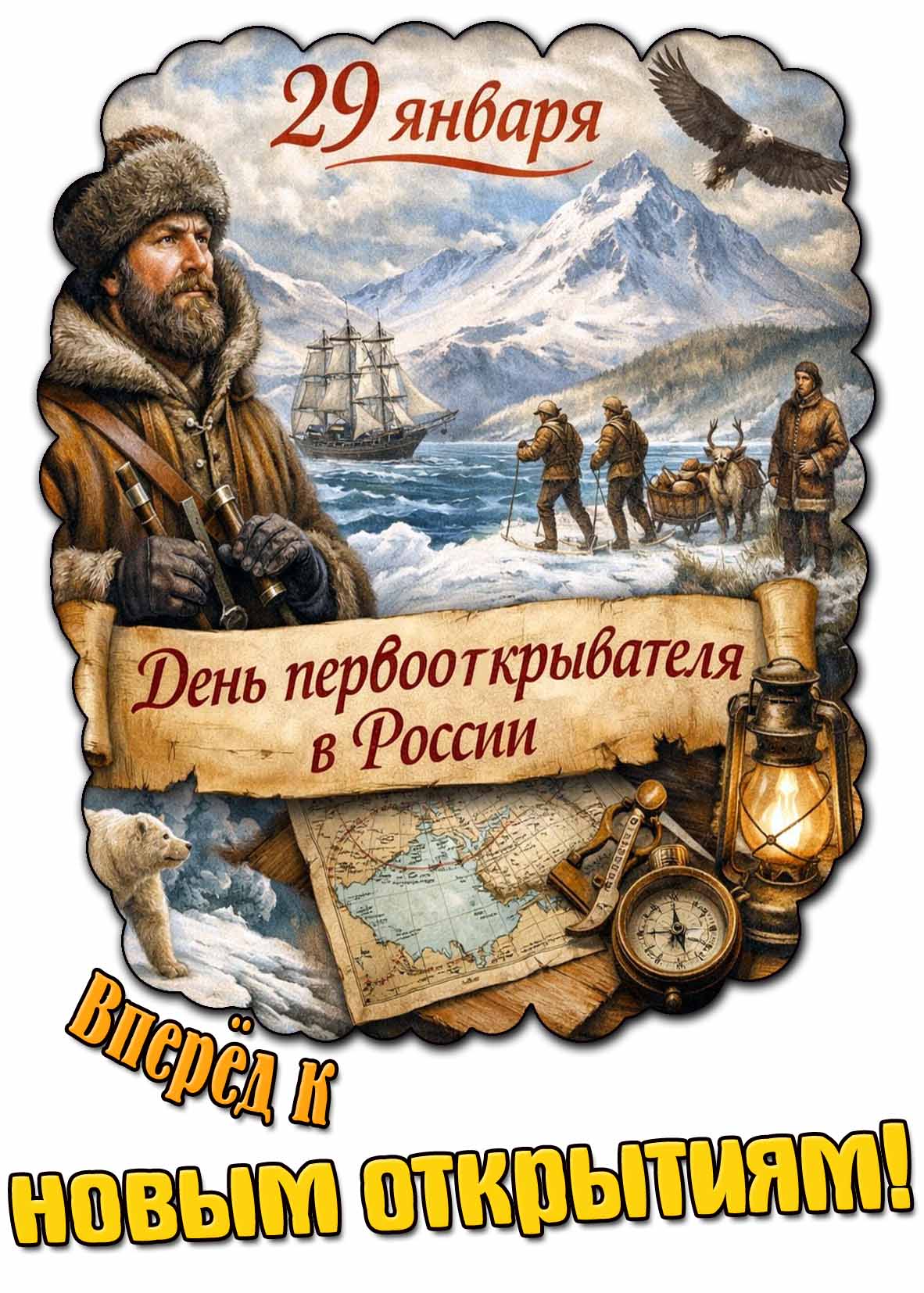 Открытка "29 января - день первооткрывателя в России! Вперёд к новым открытиям!"