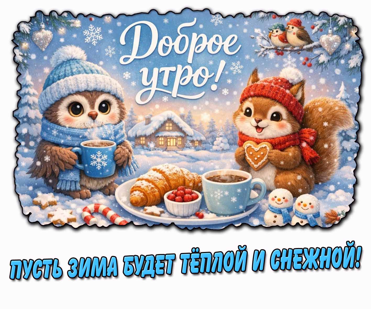 Открытка "Доброе утро! Пусть зима будет тёплой и снежной!"