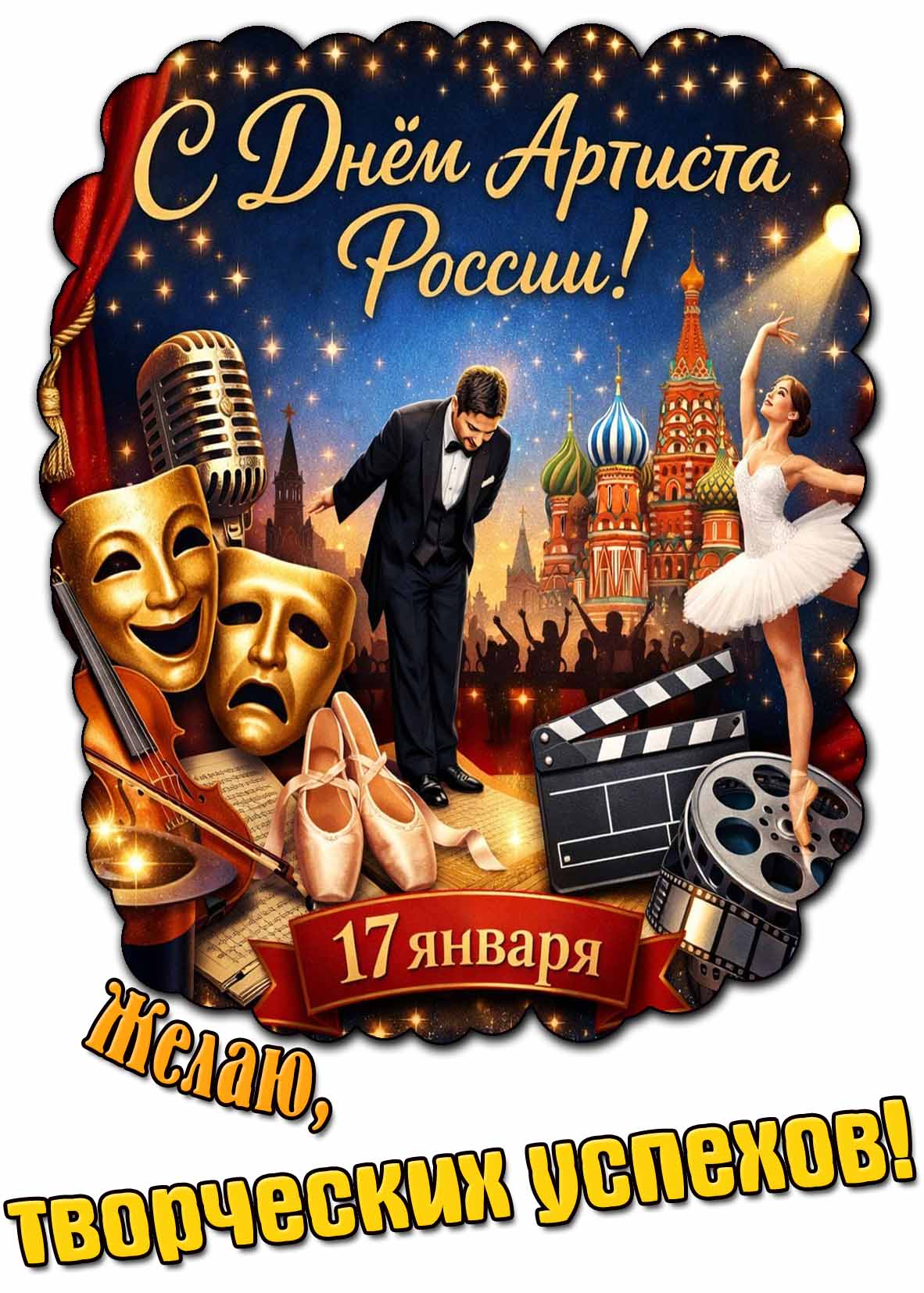 Картинка - поздравление "С днём артиста России! Желаю, творческих успехов!" - 17 января