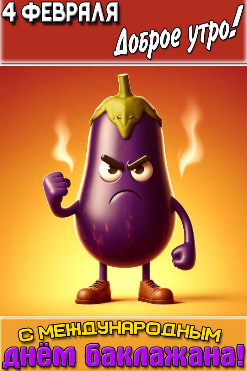 Смешная открытка "4 февраля доброе утро! С Международным днём баклажана!"