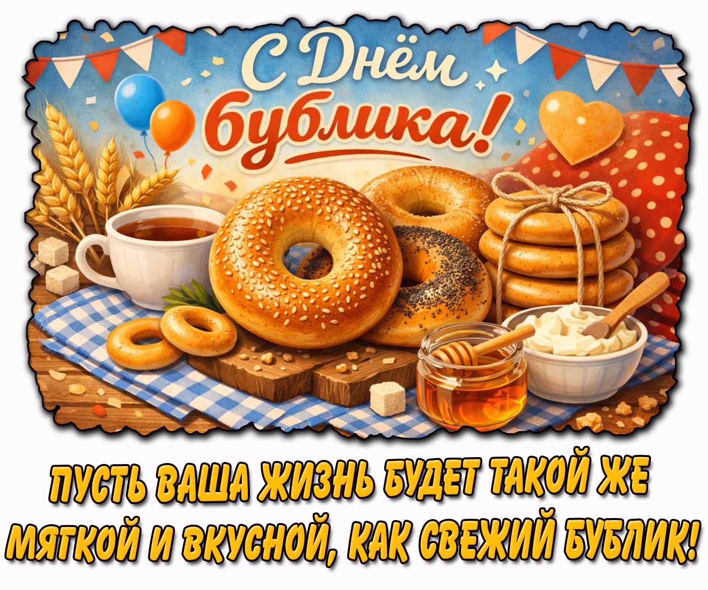 Открытка "С днём бублика! Пусть ваша жизнь будет так же мягкой и вкусной, как свежий бублик!"