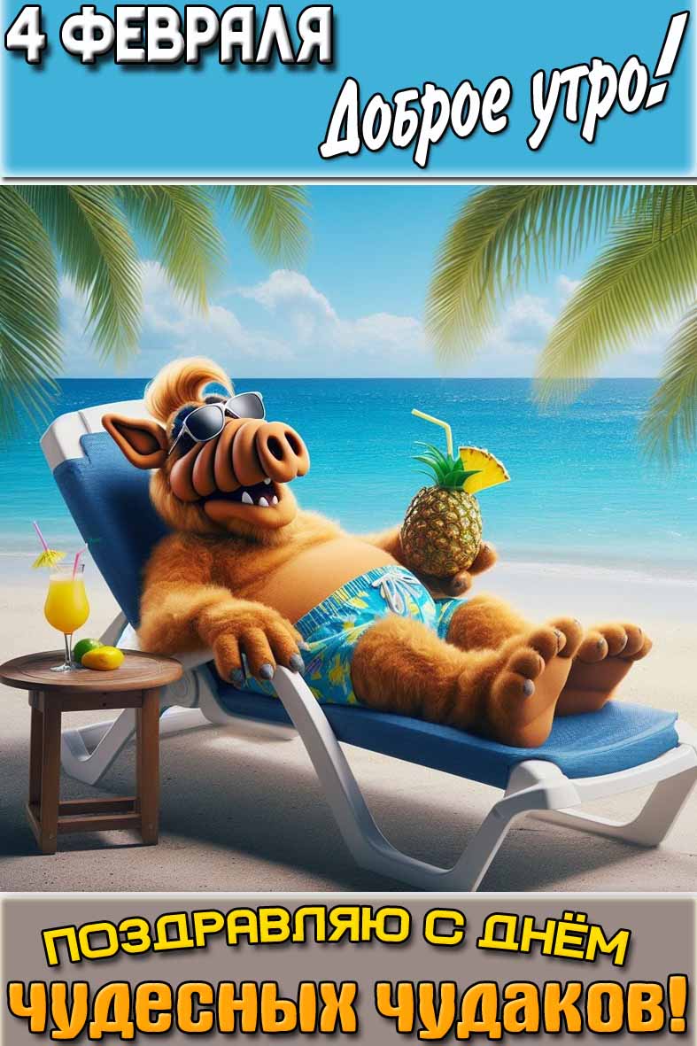 Открытка "4 февраля доброе утро! Поздравляю с днём чудесных чудаков!"