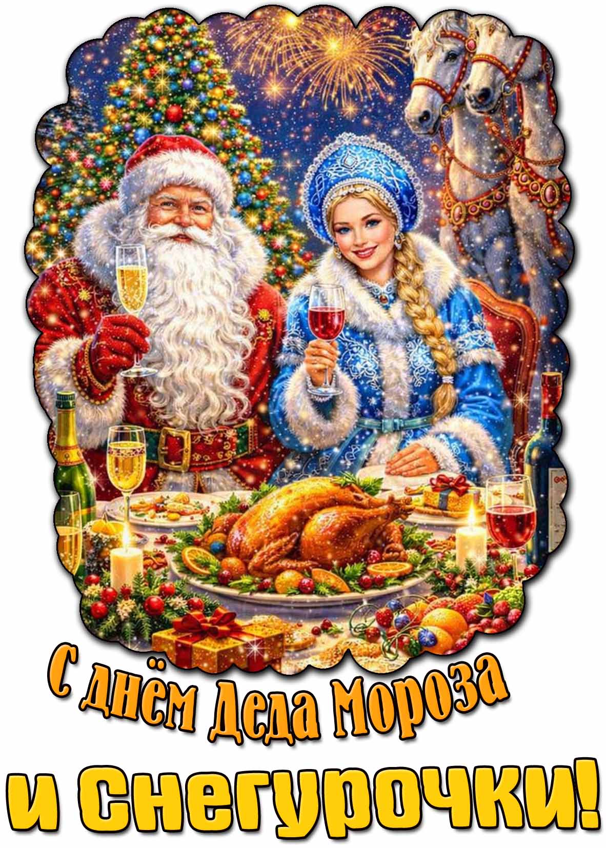 Праздничная открытка с днём Деда Мороза и Снегурочки