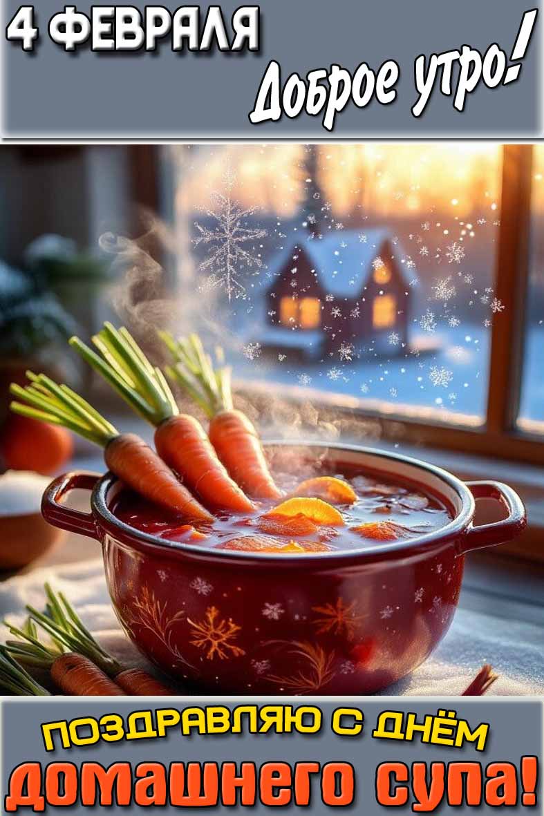 Открытка "4 февраля доброе утро! поздравляю с днём домашнего супа!"
