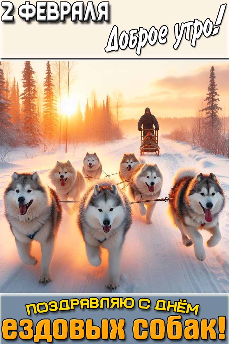 Открытка "2 февраля доброе утро! Поздравляю с днём ездовых собак!"