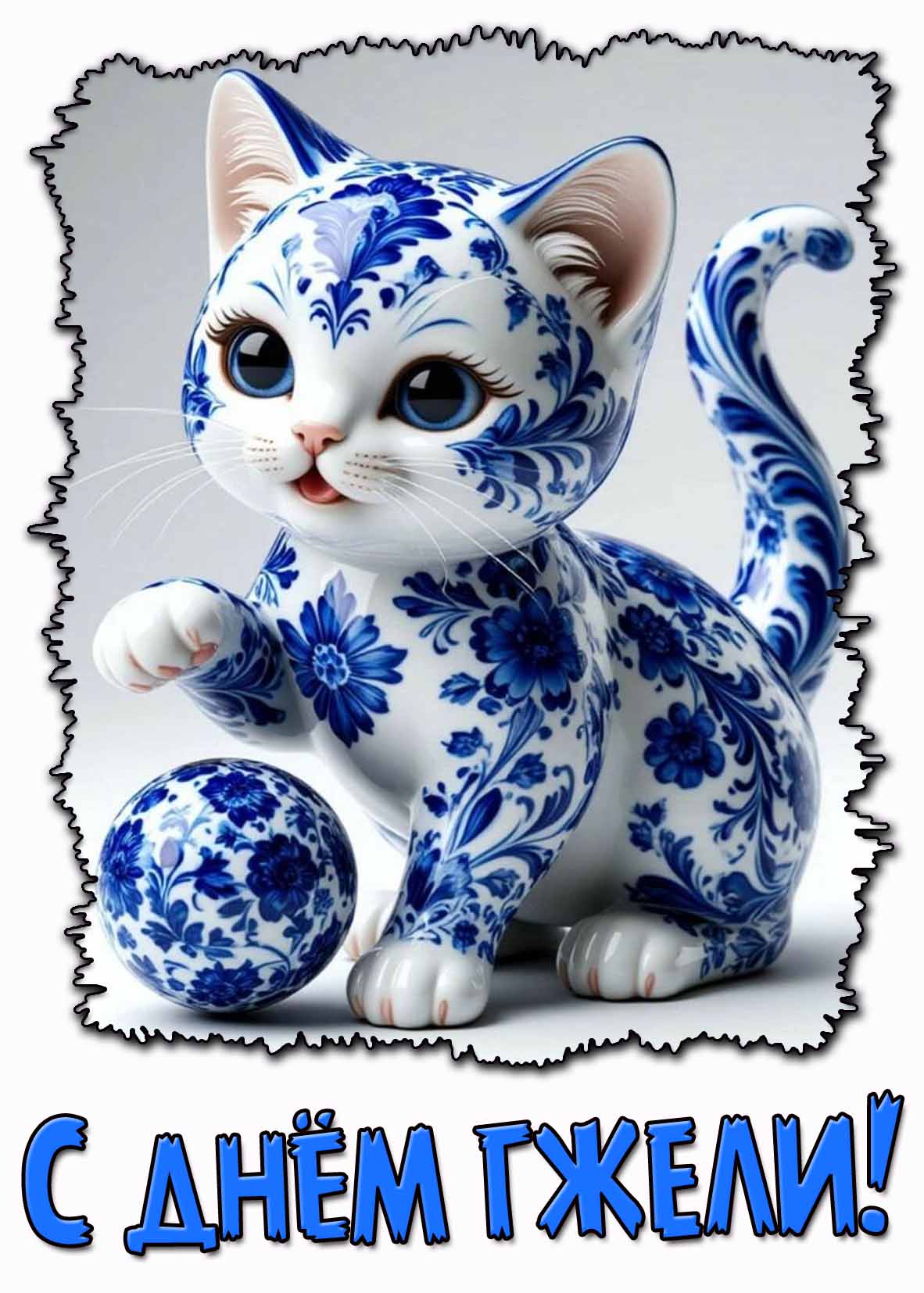 Открытка с котиком на день гжели
