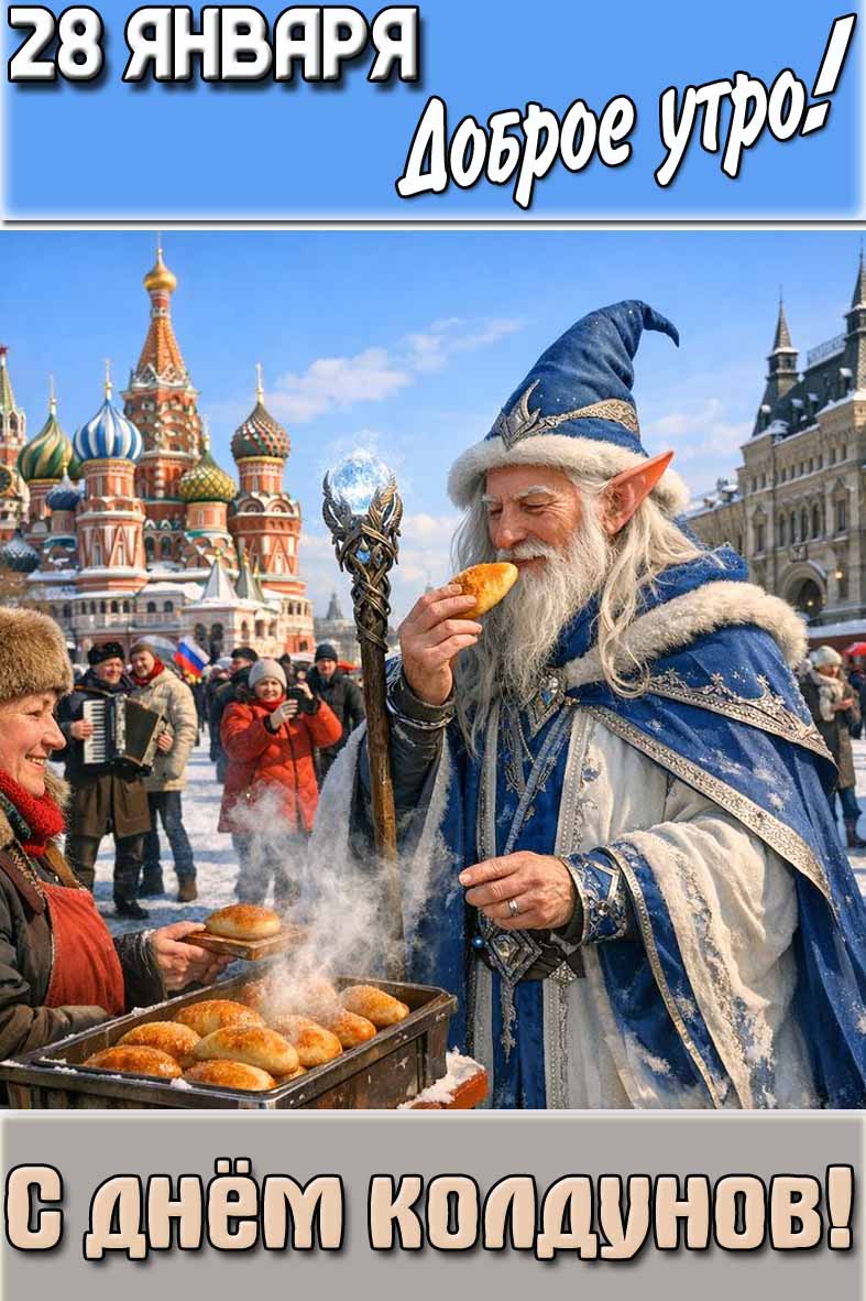 Открытка "28 января доброе утро! С днём колдунов!"