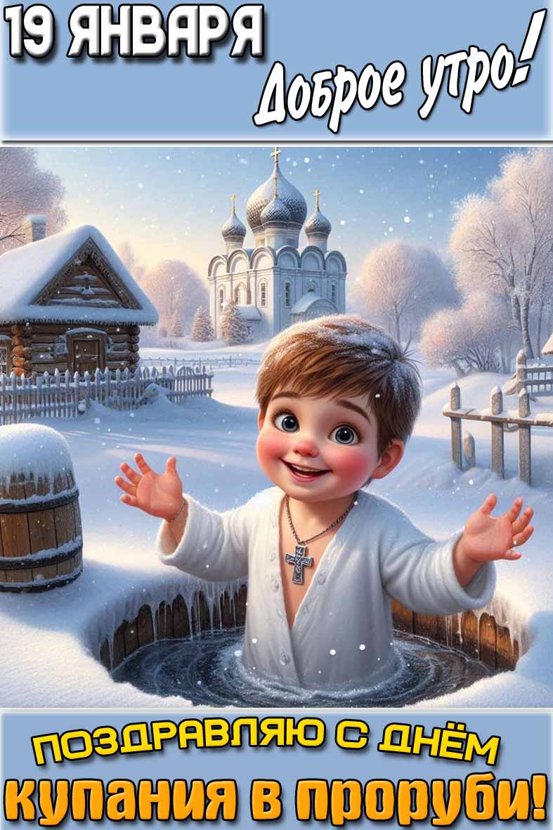 Открытка "19 января доброе утро! Поздравляю с днём купания в проруби!"